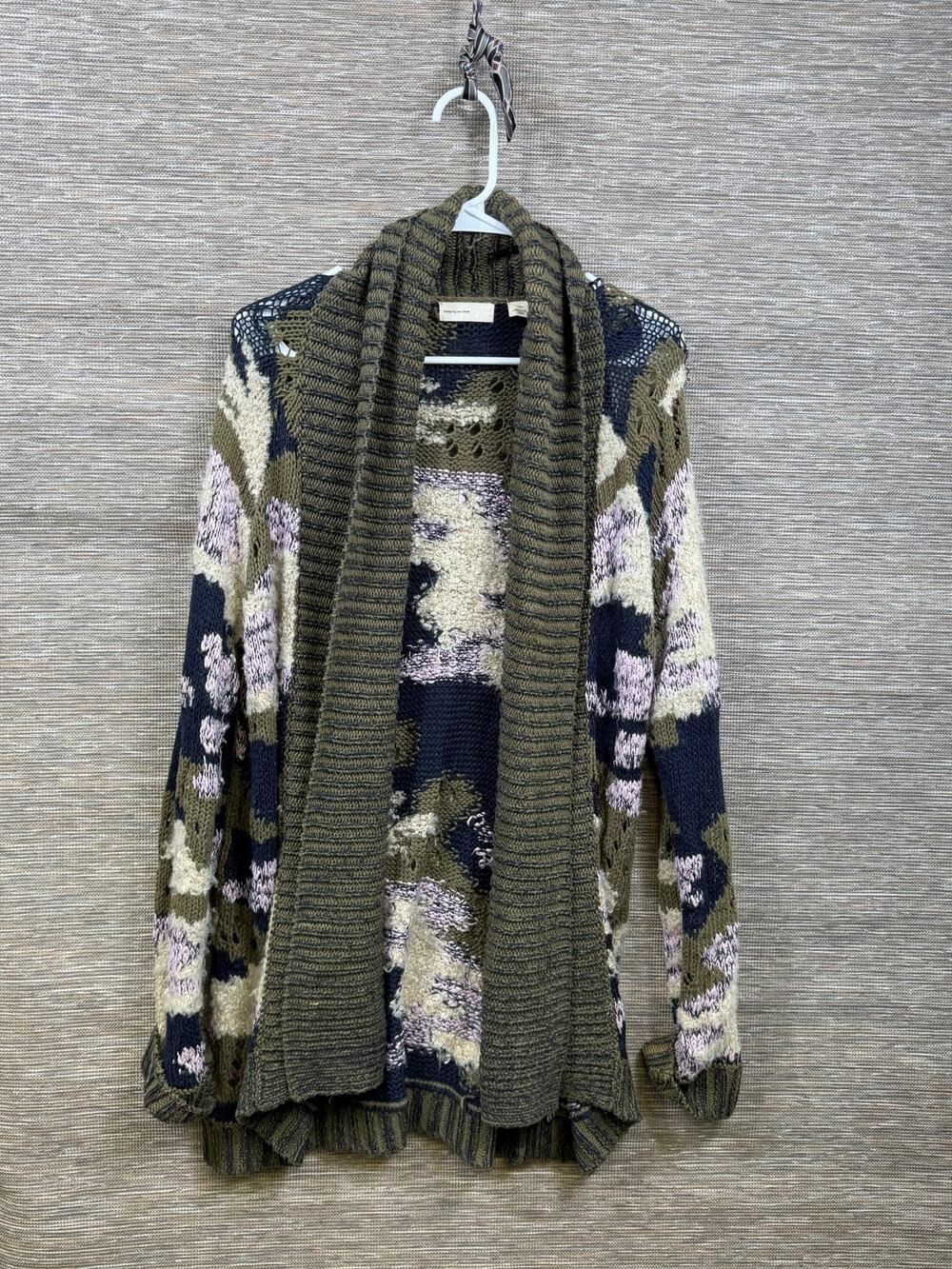 Sleeping On Snow Cardigan Sweater Womens M Green Camo Open Knit Shawl Collar